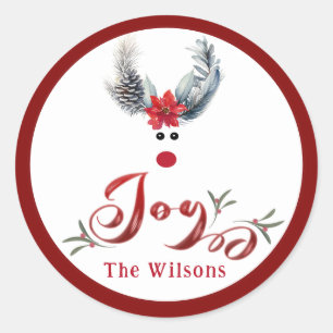 Funny whimsy poinsettia reindeer joy Holiday Classic Round Sticker