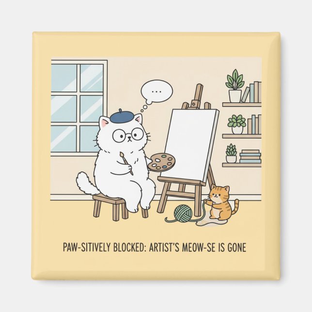 Funny White Cat Art Block Studio Kitten Home Decor Magnet (Front)