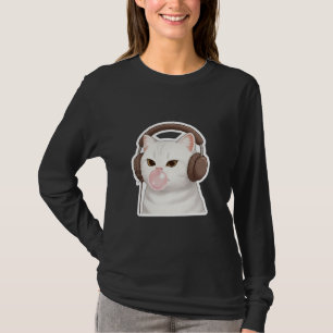 Funny White Cat Blowing Bubblegum + Headphones    T-Shirt
