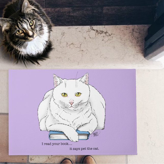 Funny White Cat Book Reading Humor Purple Doormat (Creator Uploaded)