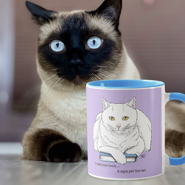 Funny White Cat Book Reading Humor Purple Mug (Creator Uploaded)