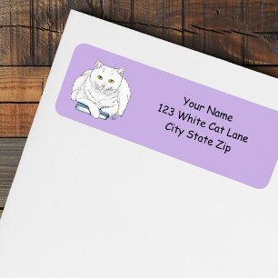 Funny White Cat Book Reading Humour Purple