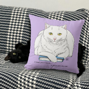 Funny White Cat Book Reading Humour Purple Cushion