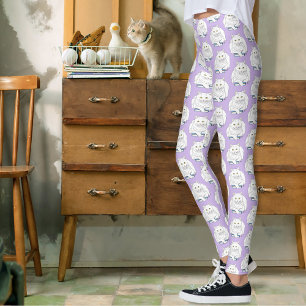 Funny White Cat Book Reading Humour Purple Leggings