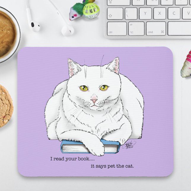 Funny White Cat Book Reading Humour Purple Mouse Pad (Creator Uploaded)