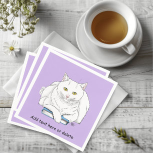 Funny White Cat Book Reading Humour Purple Napkin