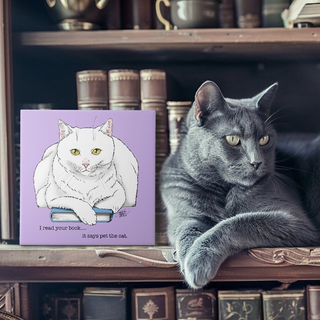 Funny White Cat Book Reading Humour Purple Tile (Creator Uploaded)