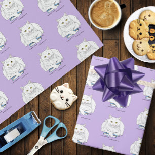 Funny White Cat Book Reading Humour Purple Wrapping Paper