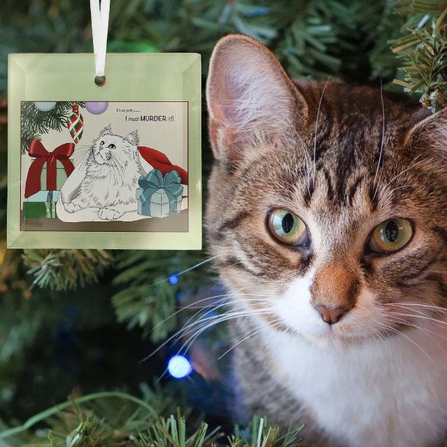 Funny White Cat Christmas Tree Ornaments Green (Creator Uploaded)