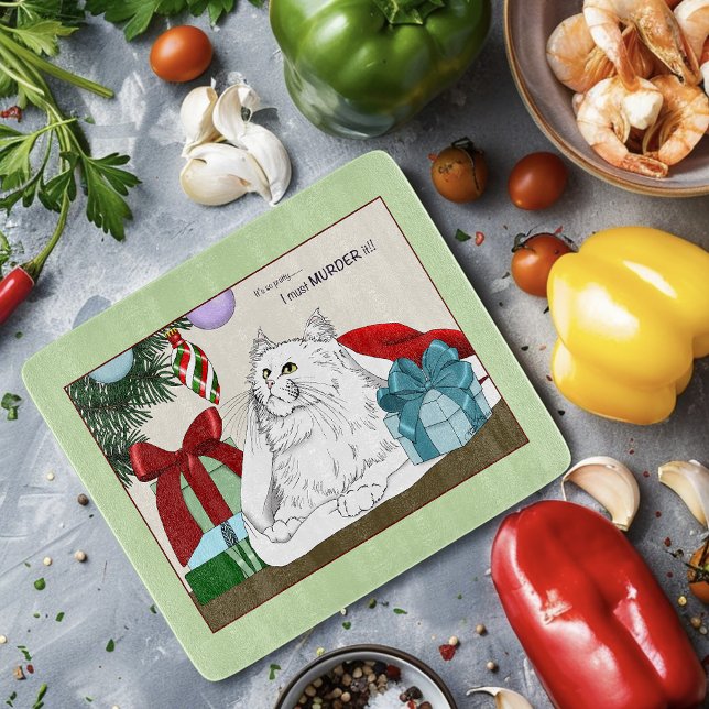 Funny White Cat Christmas Tree Ornaments Green Cutting Board (Creator Uploaded)