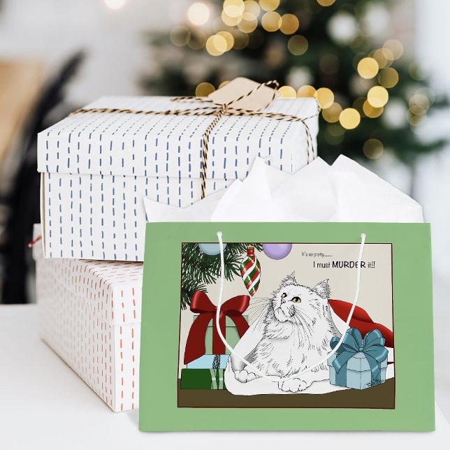 Funny White Cat Christmas Tree Ornaments Green Large Gift Bag (Creator Uploaded)