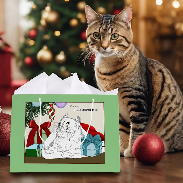 Funny White Cat Christmas Tree Ornaments Green Large Gift Bag (Creator Uploaded)