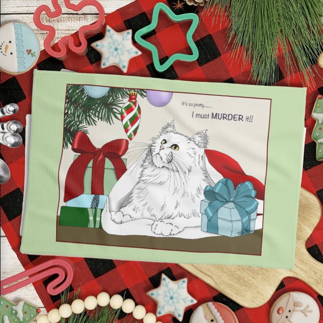 Funny White Cat Christmas Tree Ornaments Green Tea Towel (Creator Uploaded)