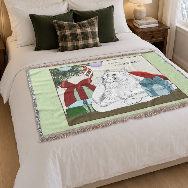 Funny White Cat Christmas Tree Ornaments Green Throw Blanket (Creator Uploaded)