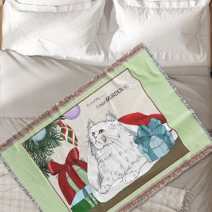 Funny White Cat Christmas Tree Ornaments Green Throw Blanket