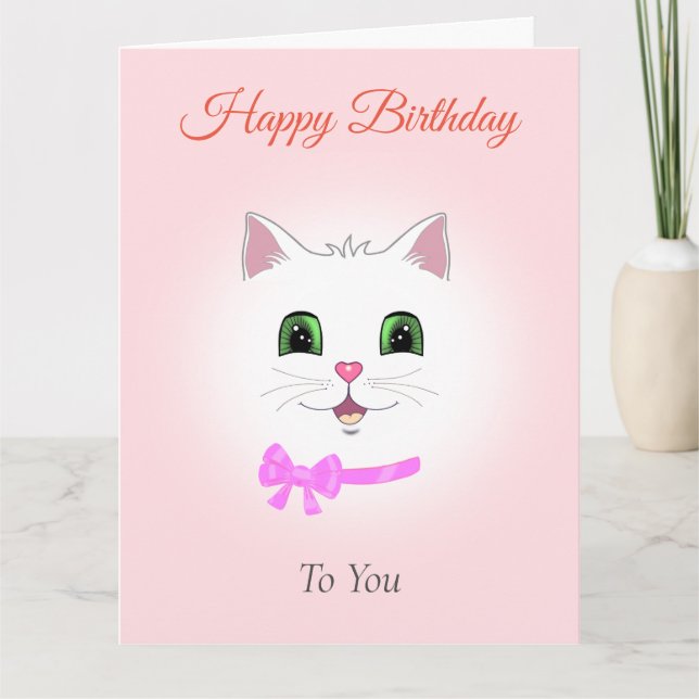 Funny White Cat Face on Light Pink Birthday Card (Front)