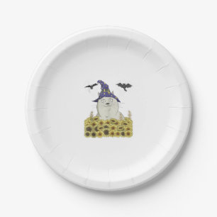 Funny White Cat in Witch Hat Vintage Halloween Sun Paper Plate
