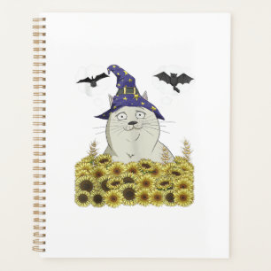 Funny White Cat in Witch Hat Vintage Halloween Sun Planner