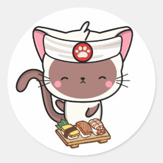 Funny white cat is a sushi chef classic round sticker