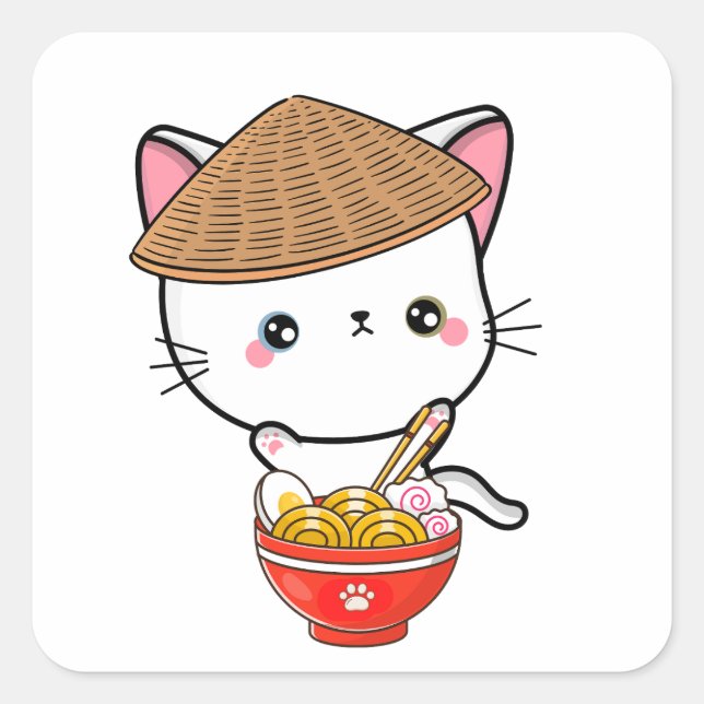 Funny white cat is eating noodles square sticker (Front)