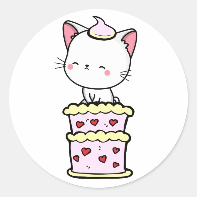 Funny white cat jumping out of a cake classic round sticker (Front)