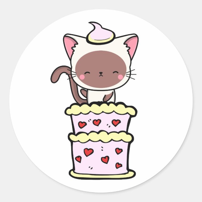 Funny white cat jumping out of a cake classic round sticker (Front)