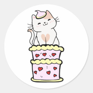 Funny white cat jumping out of a cake classic round sticker