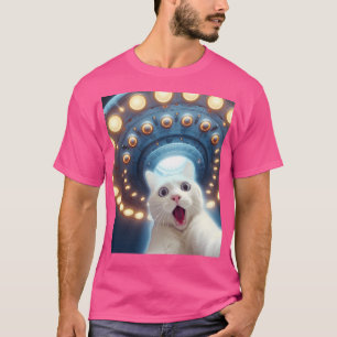 Funny White Cat Lover Selfie With Ufos Alien Flyin T-Shirt