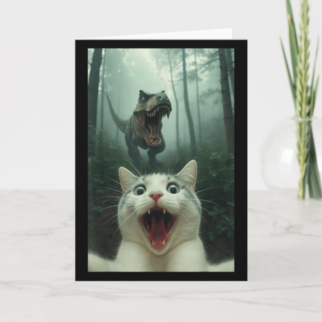 Funny White Cat Selfie With T-rex Dinosaur, Cat Ki Card (Front)
