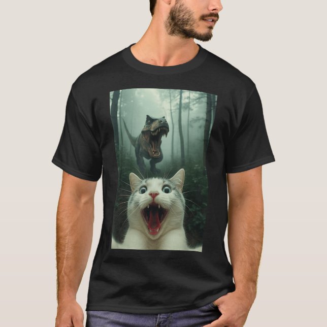 Funny White Cat Selfie With T-rex Dinosaur, Cat Ki T-Shirt (Front)