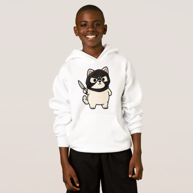 Funny White Cat Sticker with Mask and Knife (Front Full)