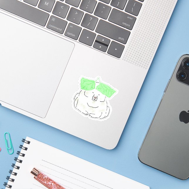 Funny White Dog with Green Leaf Hat Illustration (Laptop w/ iPhone)
