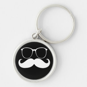 Funny White Moustache Glasses on Black Background Key Ring