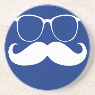 Funny White Moustache on Dark Blue Background Coaster