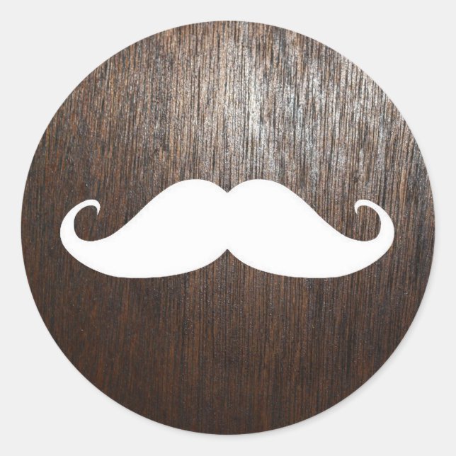 Funny White Moustache on oak wood background Classic Round Sticker (Front)