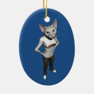 Funny White Siamese Cat Loves Mice Ceramic Tree Decoration