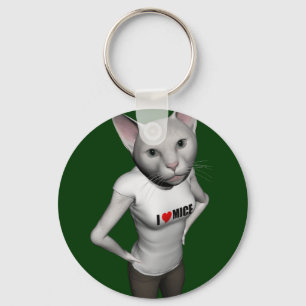 Funny White Siamese Cat Loves Mice Key Ring