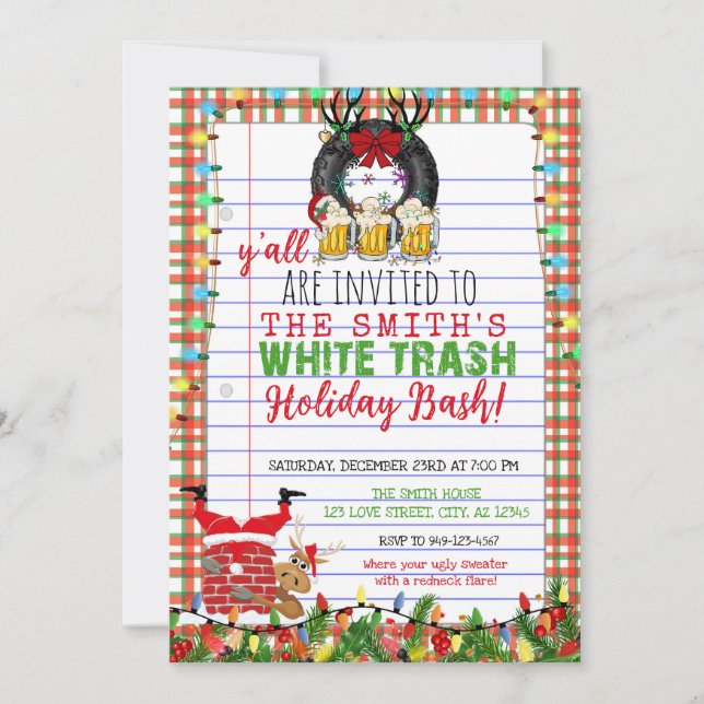Funny White Trash Holiday Bash Christmas Party Invitation (Front)