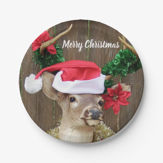 Funny Whitetail Buck Deer Christmas Paper Plate (Front)