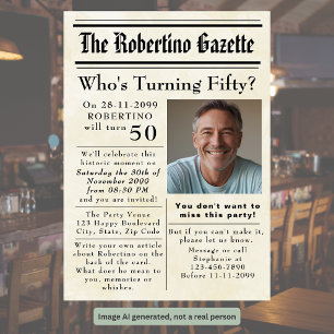 Funny Who's Turning Fifty Newspaper 50th Birthday Invitation