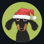 Funny Wiener Dog Santa | Dachshund Christmas Xmas Classic Round Sticker<br><div class="desc">A cute Dachshund lover’s Christmas sticker,  great for sealing gifts and envelopes this holiday season. Adorable black and tan longhaired wiener dog wearing a Santa hat. An original cartoon weenie dog illustration by ©Jenn Inashvili. Visit Jenn’s Doodle World for some original gifts featuring this fun Xmas Dachshund cartoon.</div>