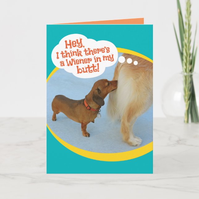 Funny Wiener Sniffing Golden Retiever Card (Front)