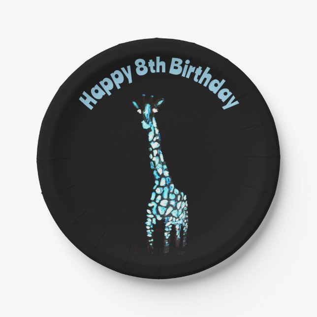 Funny Wild Animal Blue Giraffe Age Birthday Paper Plate (Front)
