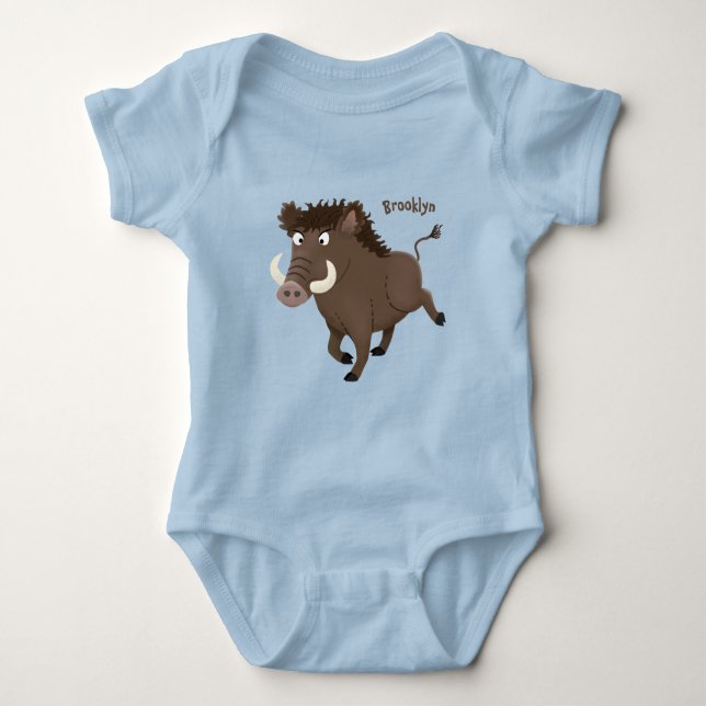 Funny wild boar razorback cartoon illustration baby bodysuit (Front)