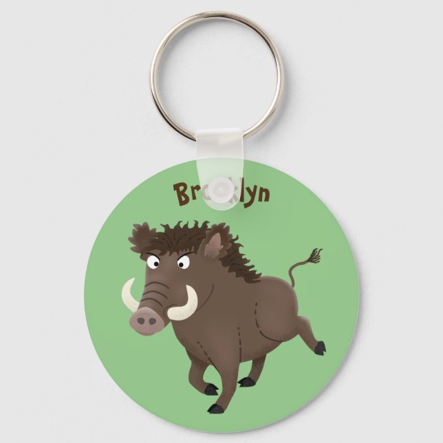 Funny wild boar razorback cartoon illustration key ring (Front)