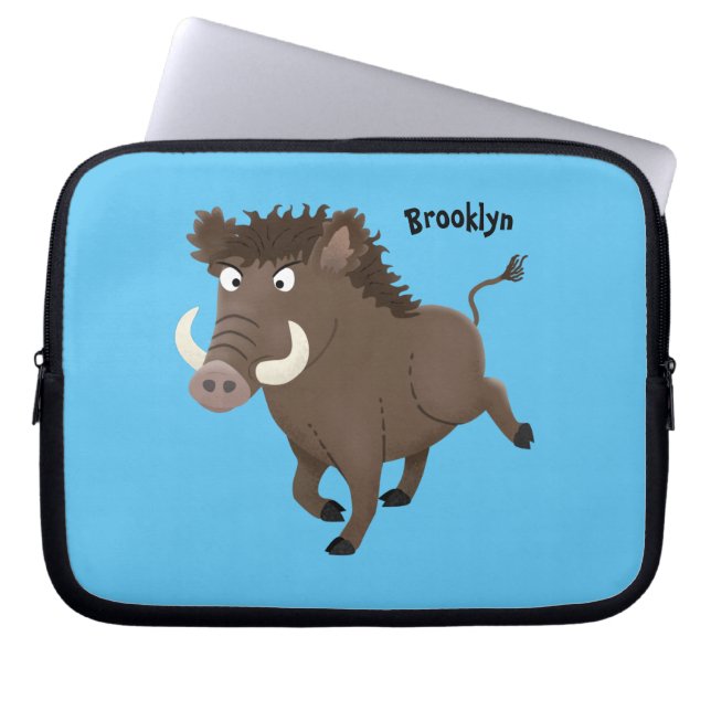 Funny wild boar razorback cartoon illustration laptop sleeve (Front)