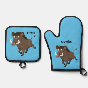 Funny wild boar razorback cartoon illustration oven mitt & pot holder set