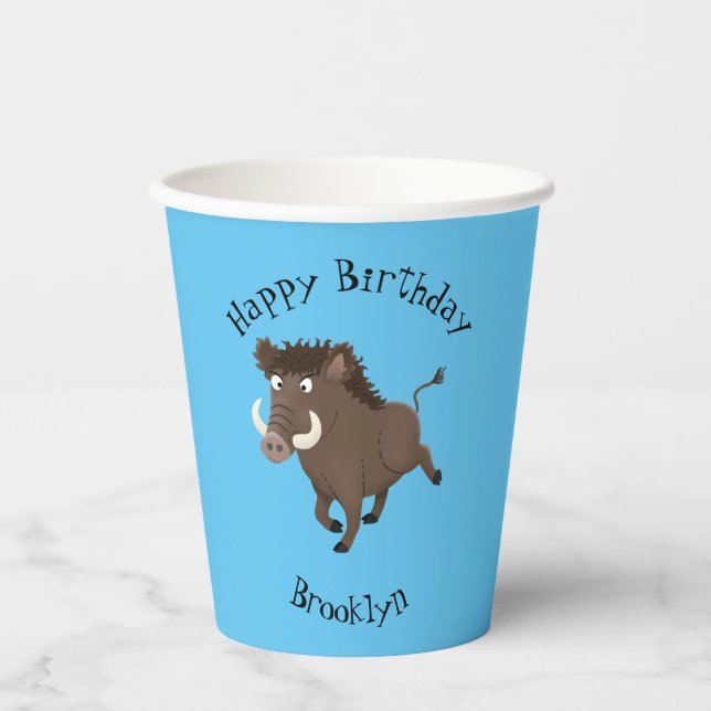 Funny wild boar razorback cartoon illustration paper cups (Front)