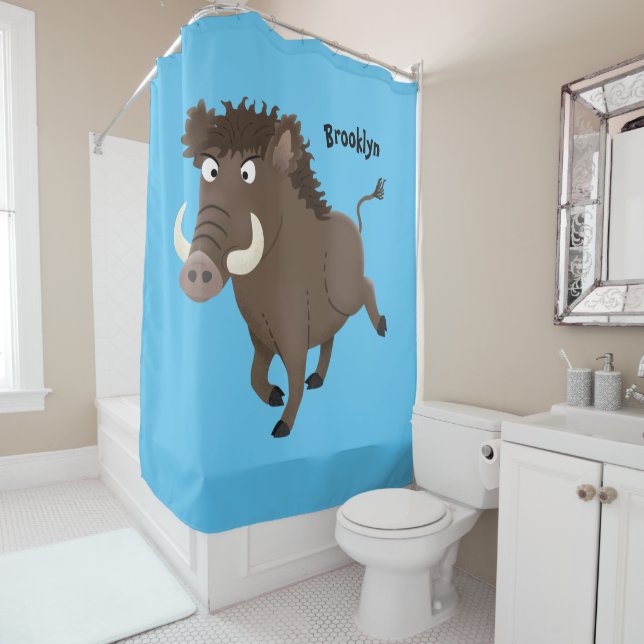 Funny wild boar razorback cartoon illustration shower curtain (In Situ)