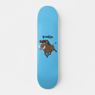 Funny wild boar razorback cartoon illustration skateboard